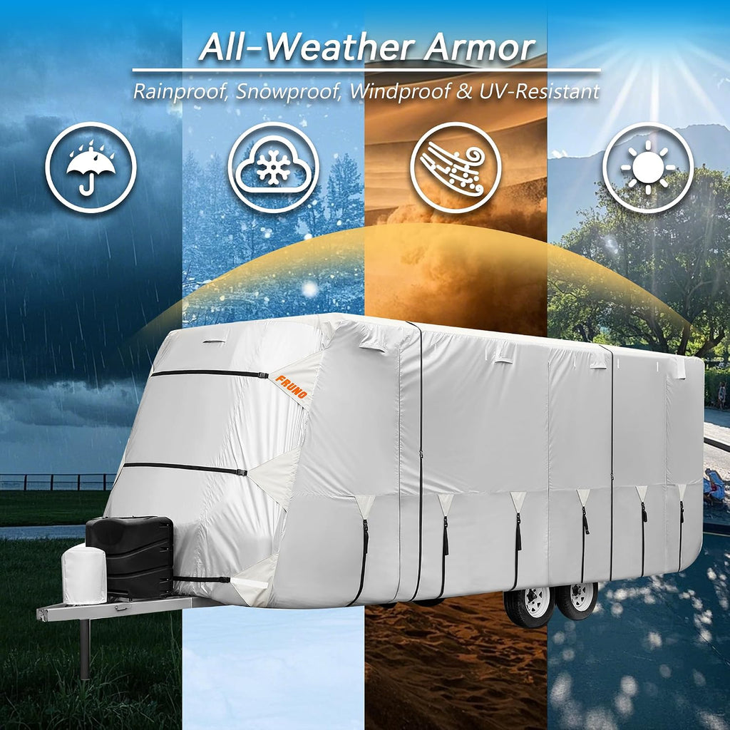 FRUNO Oxford Fabric Travel Trailer Cover RV Cover 27'-30' Waterproof Rip-Resistant Anti-UV Camper Cover for Winter Snow with Jack Cover 4 Tire Covers and Gutter Covers