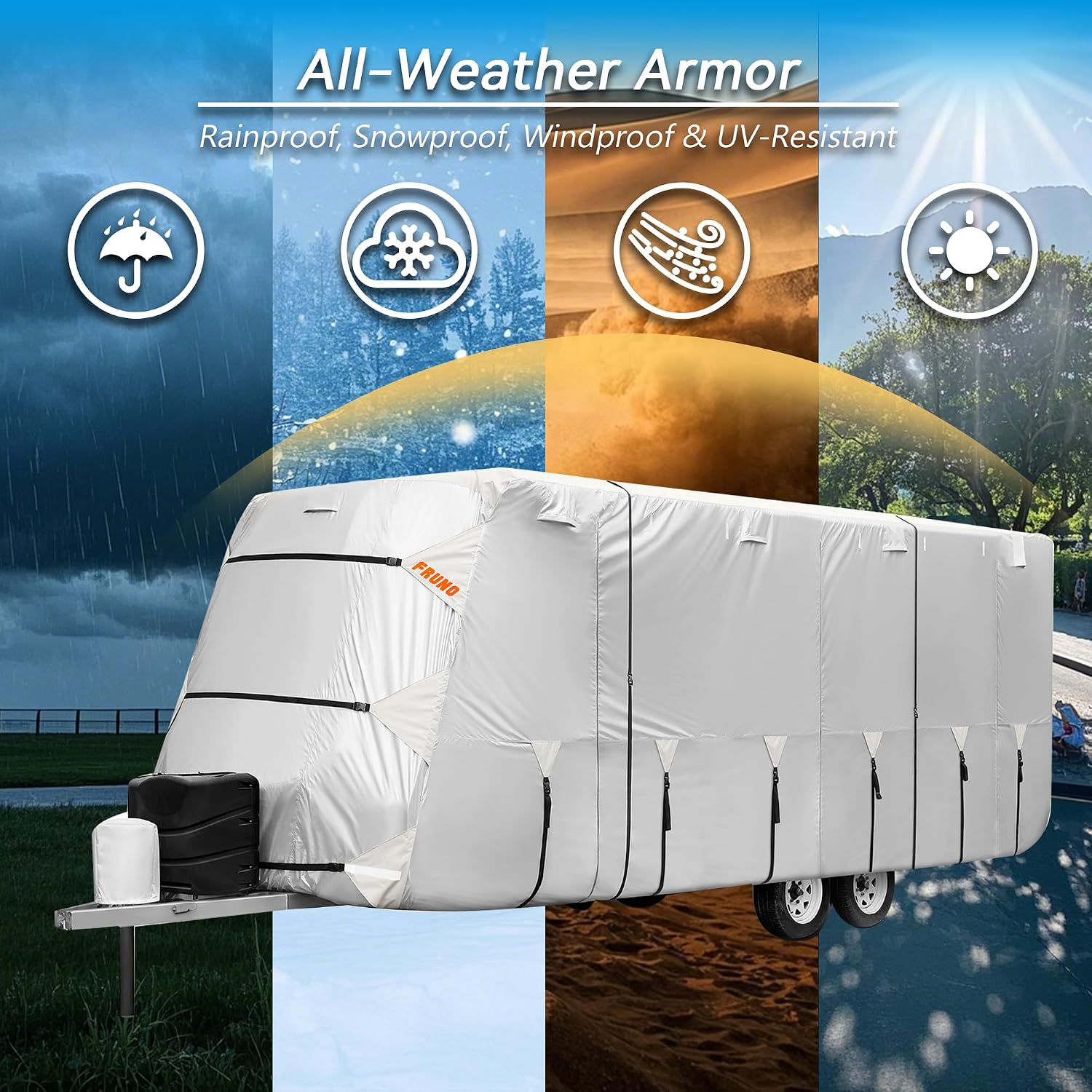 FRUNO Oxford Fabric Travel Trailer Cover RV Cover 27'-30' Waterproof Rip-Resistant Anti-UV Camper Cover for Winter Snow with Jack Cover 4 Tire Covers and Gutter Covers