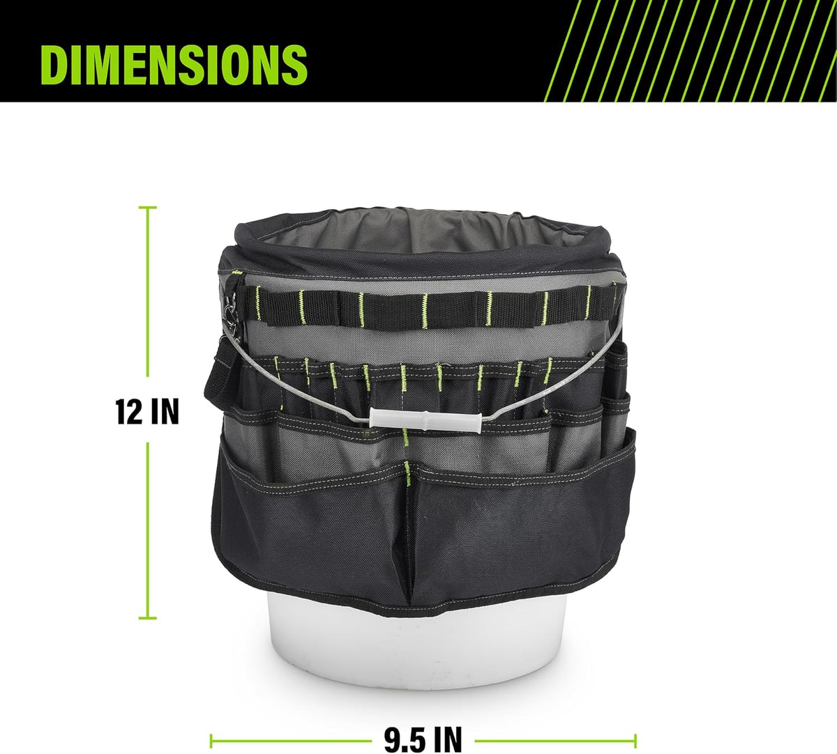 awp bucket tool organizer 51-pocket, utility tool bag, side view
