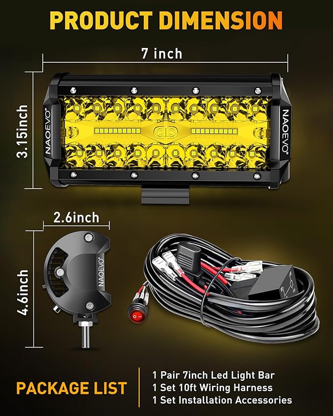 NAOEVO 7 Inch Yellow LED Light Bar, 240W 24, 000LM Offroad Fog/Driving Lights - Image 9