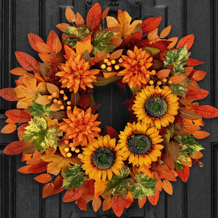 Waipfaru Fall Wreaths for Front Door,22 inch Autumn Sunflower Wreath,Fall Indoor Outdoor Decor with Maple Leaf,Thanksgiving Halloween Decorations for Home, Porch Decor