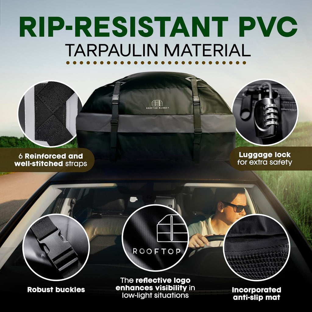 21 Cubic Feet Car Rooftop Soft Shell Cargo Carrier, 100% Waterproof - Car Storage for All Vehicle with/Without Racks - Attached Anti Slip Mat, Storage Bag, 6 Door Hooks and 6 Straps