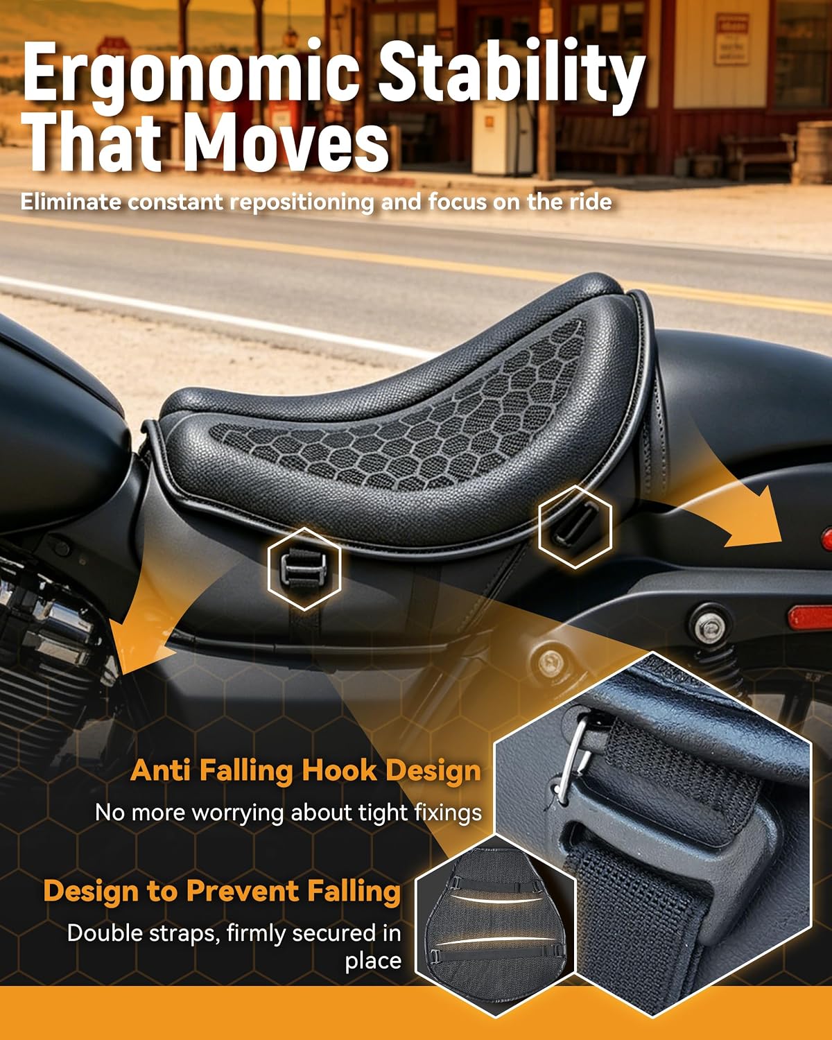 Seat Cushion with Cover - Foldable 3D Motorcycle Gel Seat Cushion, Comfort & Butt Protection for Long Rides, Non-Slip Shock Absorbing, Stay Cool & Comfortable(Cushion with Cover)