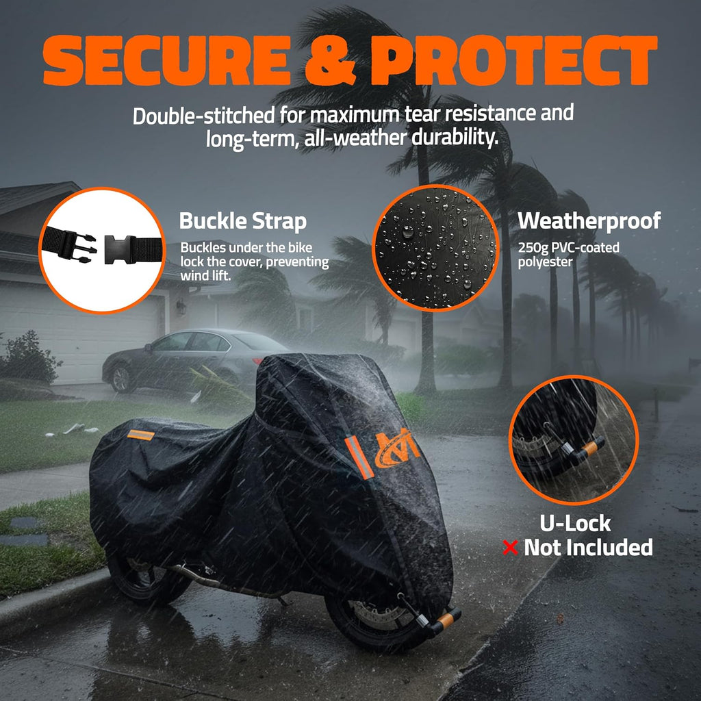 Mockins 91"x49"x39" Large Motorcycle Cover Heavy Duty Dual-Layer Fit | Motorcycle Cover Waterproof Outdoor 250G PVC + Soft HD Cotton For Midsize Cruisers, Sport-Touring & Retro Models Up to 91"