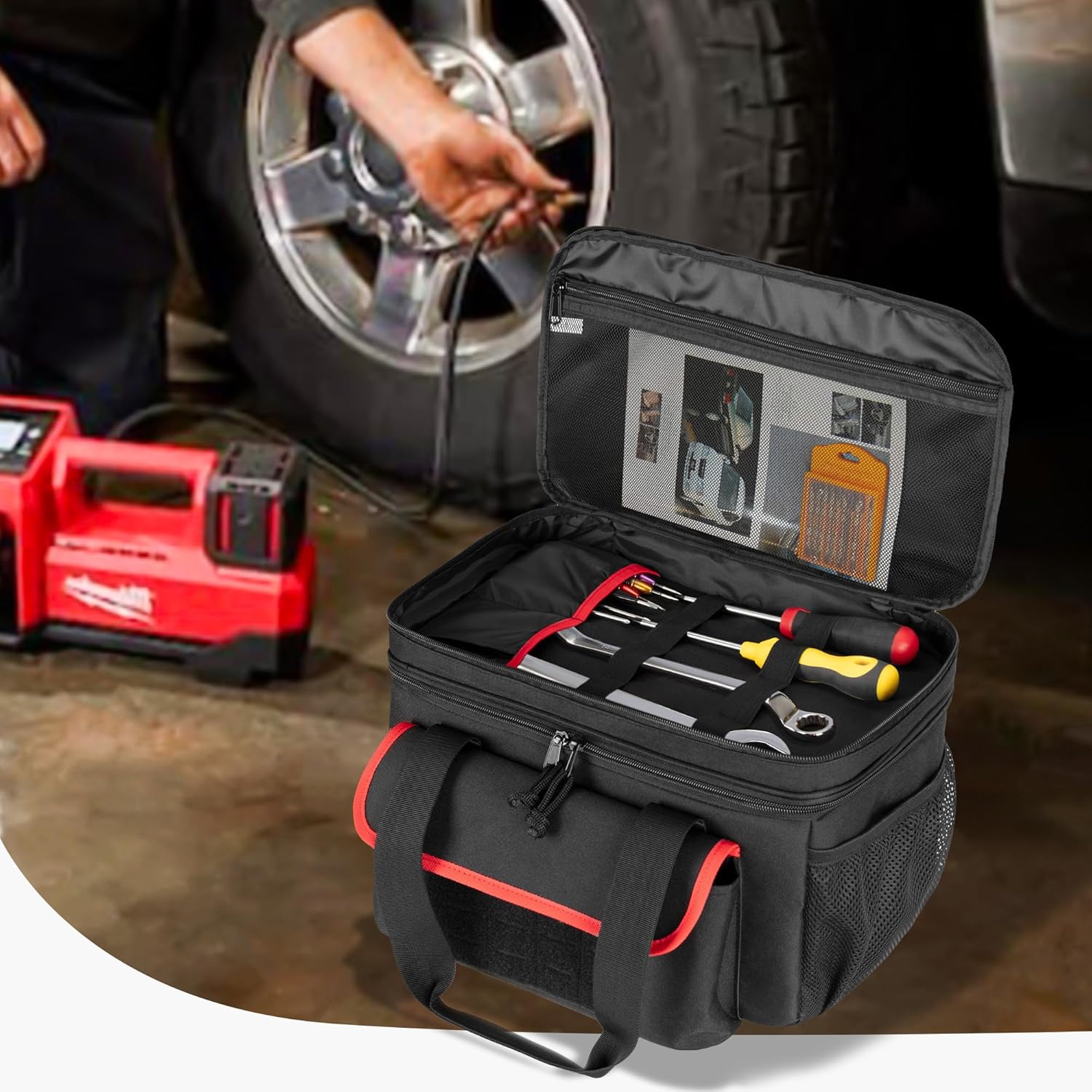 Rexmica Air Compressor Carrying Bag Compatible with Milwaukee M18 18V Cordless Tire Inflator 2848-20, Tire Inflator Storage Bag Fit for Milwaukee M18 Inflator, Hand Tools, Battery, Charger, Black