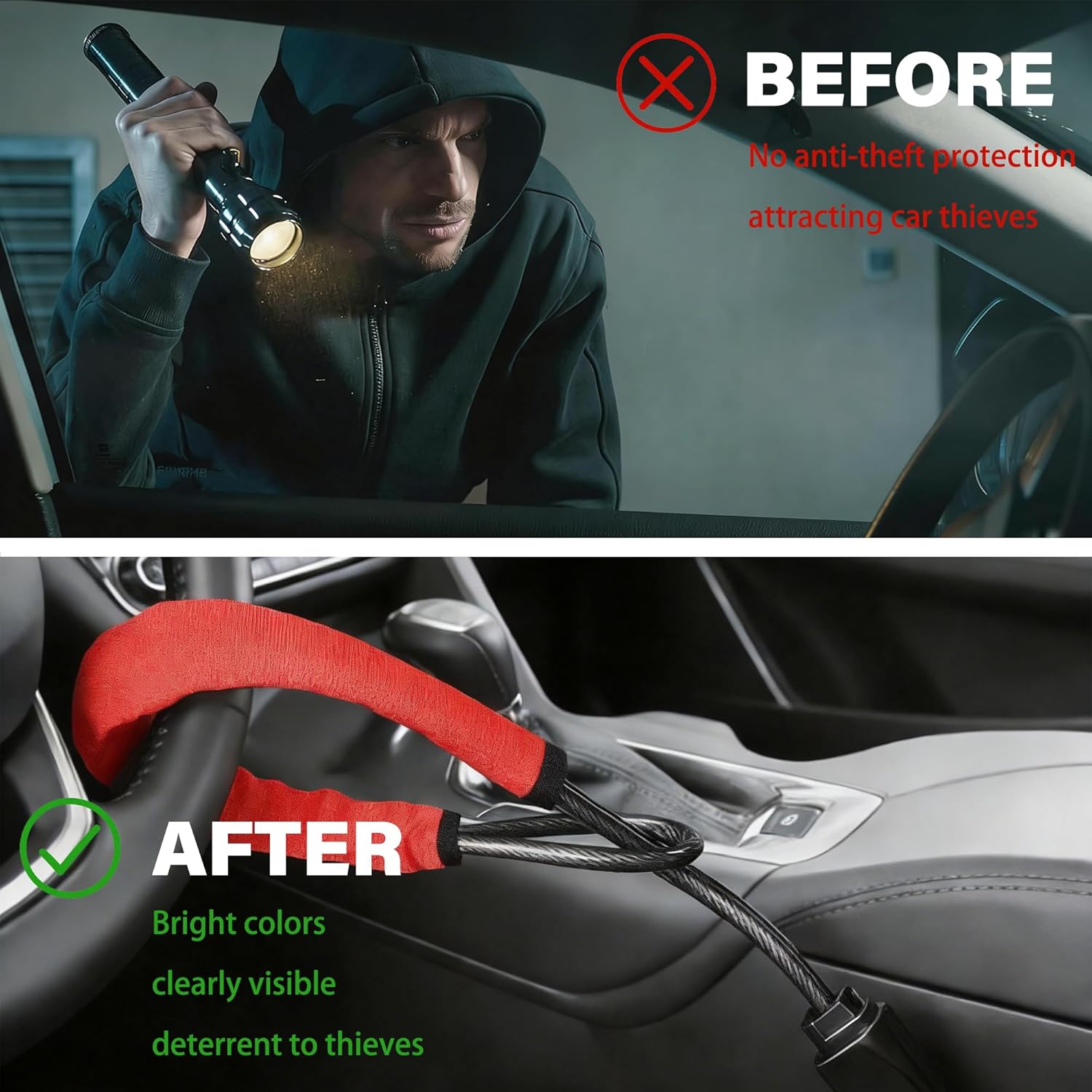 Car Steering Wheel Lock, Reliable Club Steering Wheel Lock Anti-Theft Device with 3 Keys, Max 17 Inch Length, Fits Most Vehicles, Trucks, SUVs, Vans, Golf Car Security Device - Red