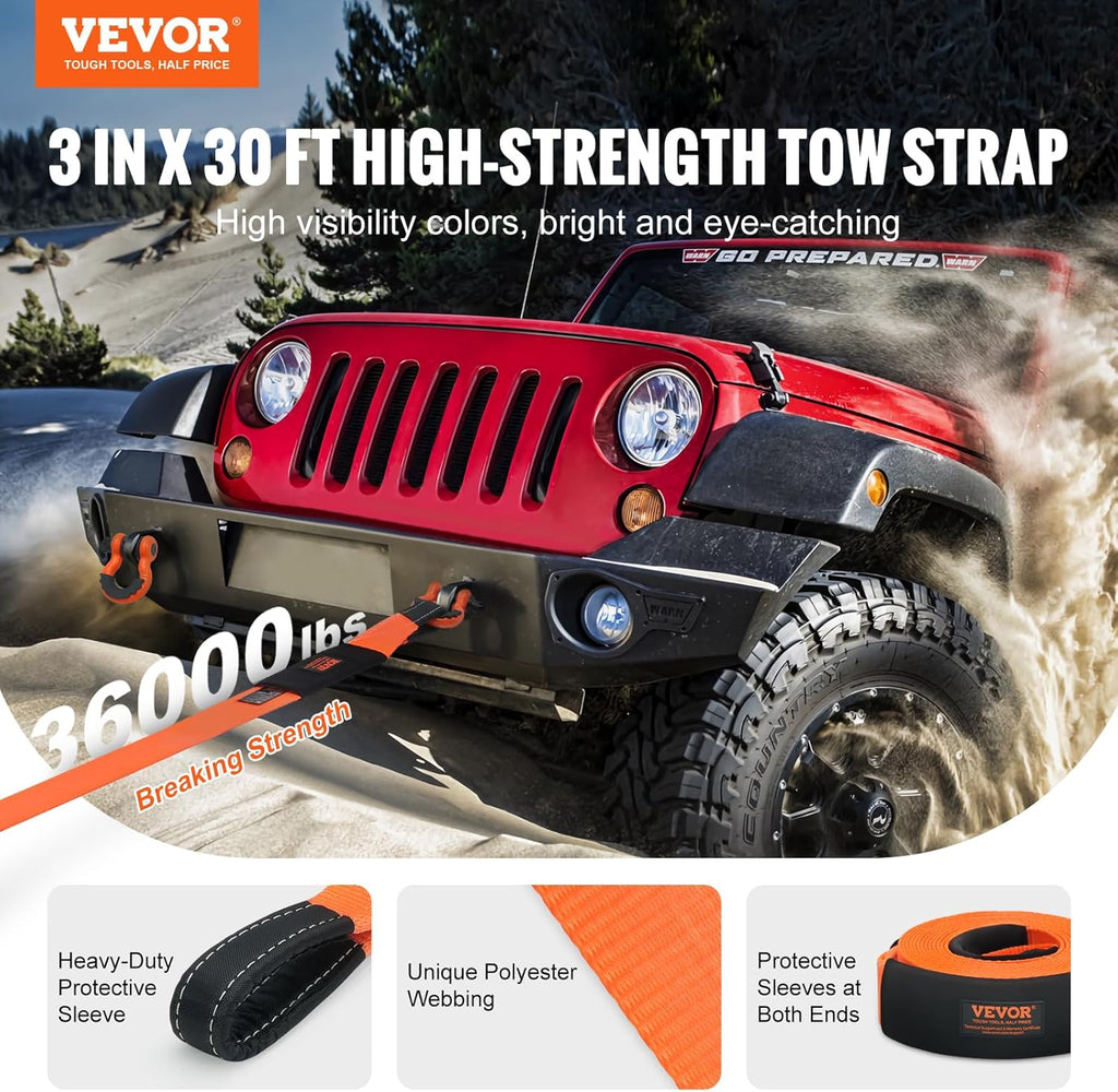 VEVOR Heavy Duty Tow Strap Recovery Kit 3" x 30 ft (MBS-36,000 lbs) Tree Saver Winch Strap, Triple Reinforced Loop & Protective Sleeves & Storage Bag, 3/4" D-Ring Shackles, for Truck Jeep SUV ATV