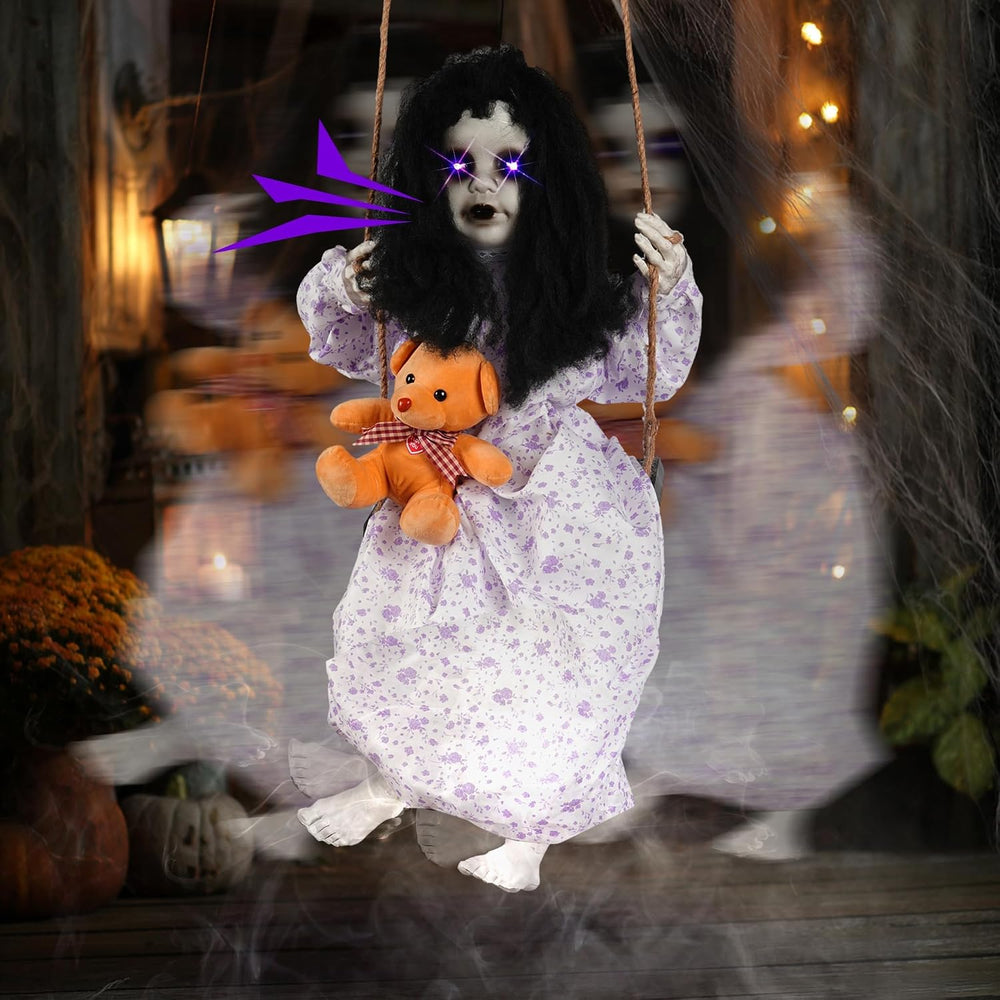 Hourleey Halloween Decorations Outdoor, Hanging Swinging Girl Doll Sound Acti...