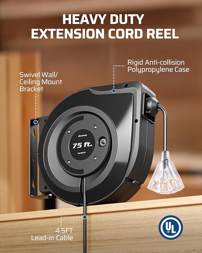 DEWENWILS 75FT Extension Cord Reel, 14/3C SJTOW Retractable Extension Cord Reel - Image 3