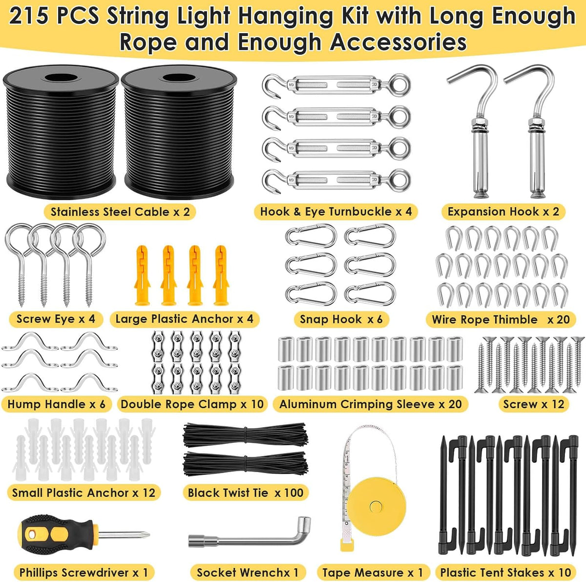 flasoo 215pcs string light hanging kit, outdoor light shown in use