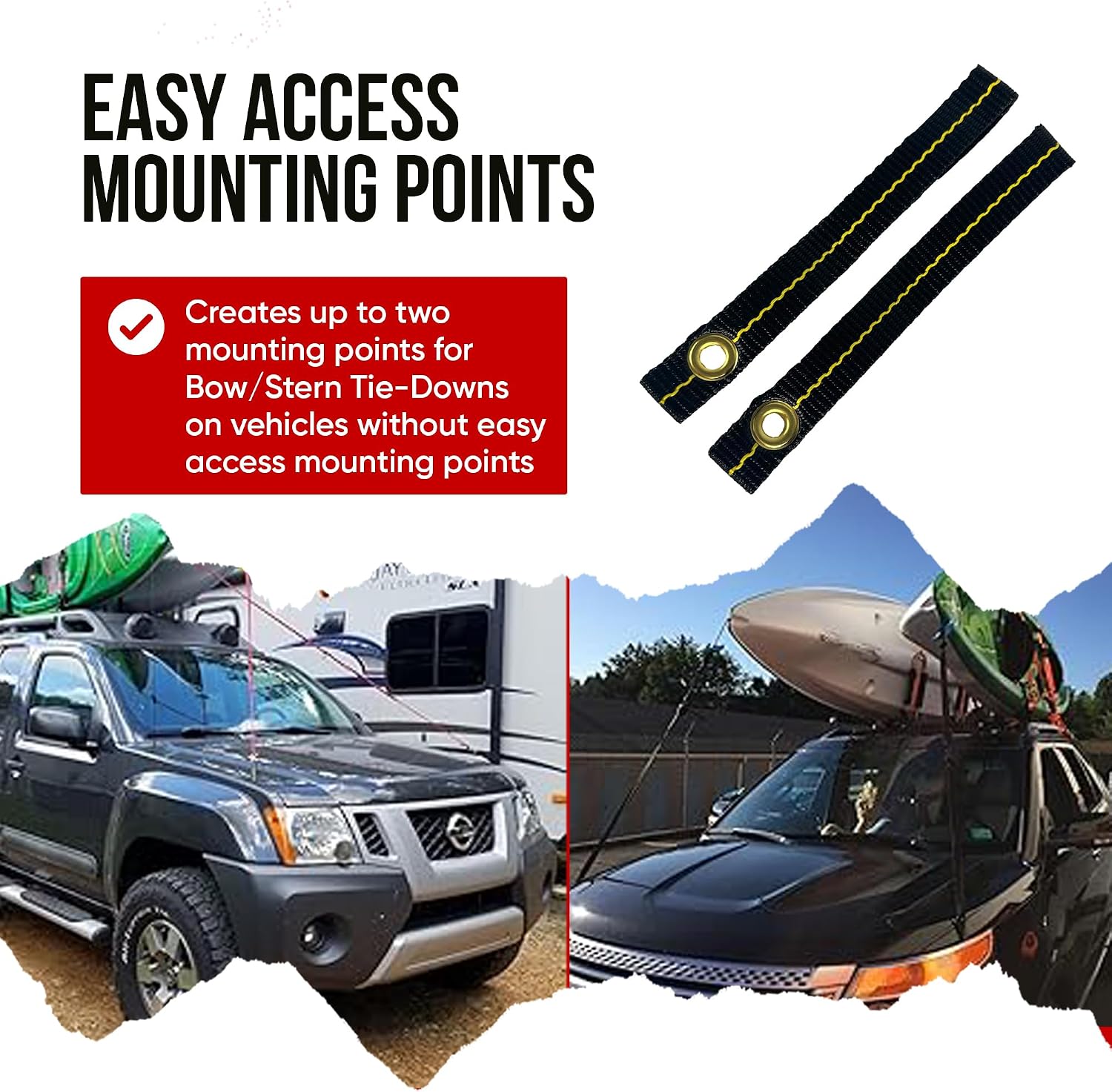 Cajun Tie Downs Hood Loop Anchor Straps — Under Hood Kayak & Canoe Tie-Down, Fits Vehicles Without Tow Hooks, 1" x 8", 2-Pack, Made in USA, Black/Yellow