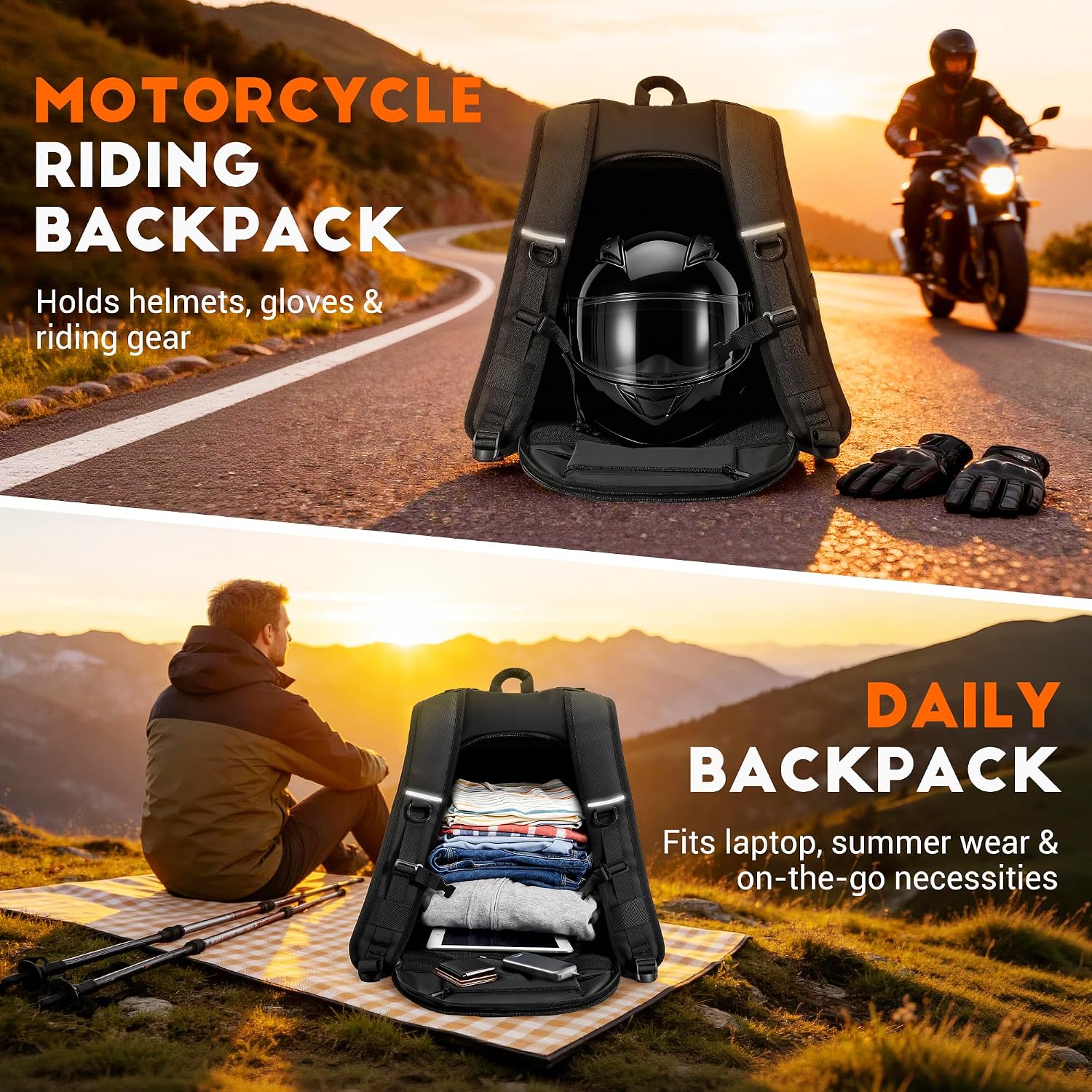Motorcycle Backpack, Waterproof Helmet Backpack with Reflective Strips & Reflective Flag, 40L Large Bag with Laptop Pocket, Perfect for Travel, Daily Commute, Office Trips & Outdoor Riding