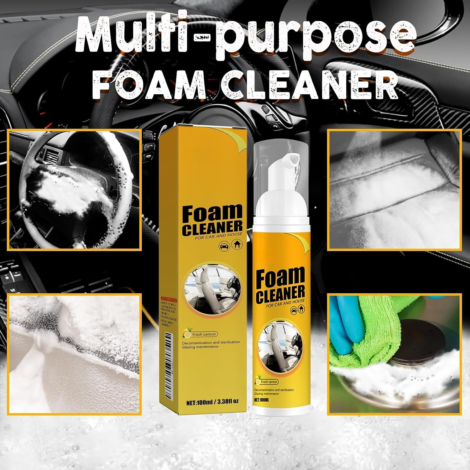 Multi-Purpose Foam Cleaner for Car and Home, Car Steering Wheel Foam Cleaner,100ml, Fresh Lemon Scent, with Cleaning Accessories, 2-Pack