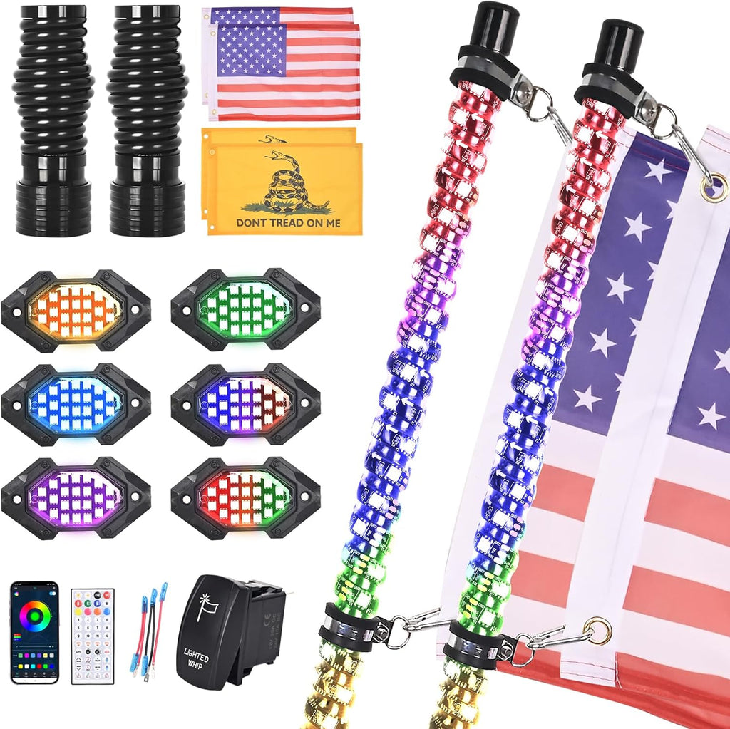 2PCS 4FT LED Whip Light and 6 Pods Rock Light Kit with Spring Base, Spiral RGB Chase and Music Lights Whips with Rocker Switch, App & Remote Control, for UTV ATV RZR SXS Can-Am Polaris