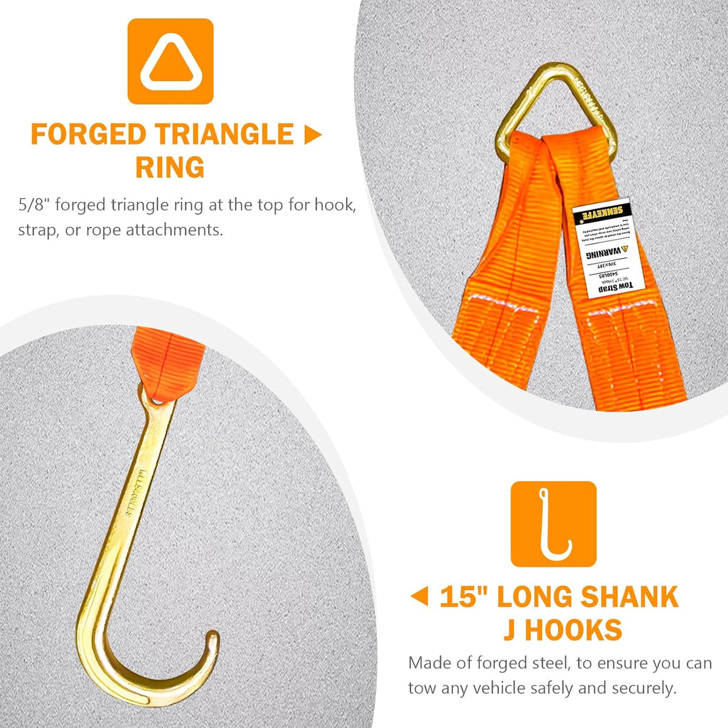 2 PCs 3" x 24" Recovery Tow V-Straps V Bridle w/15 J Hooks 5400LBS | 16200 LBS Breaking Capacity, 5/8" Forged Triangle Ring, Hi Viz/Hi Abrasion Webbing, Ideal for Wrecker Rollback Car Hauler