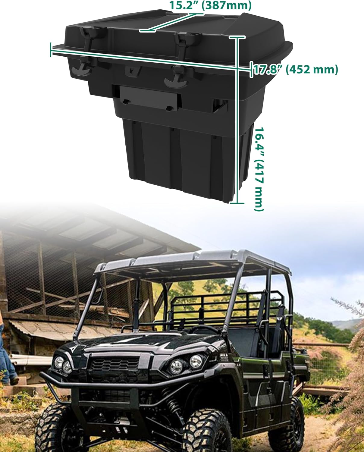 Rear Cargo Box for Kawasaki Mule Pro FXT DXT DX FX 2015-2026, 20L Waterproof Storage Bin with Latches, Heavy Duty PP Tool Organizer Rear Bed Tool Box for Kawasaki Mule PRO FX Accessories