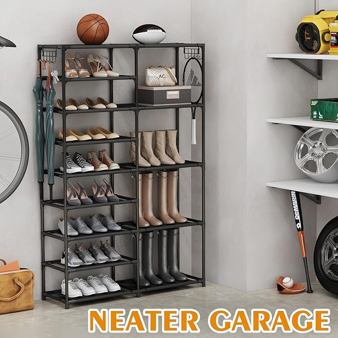 Tall Garage Shoe Rack Large Capacity, Two Rows Versatile Hooks Storage Boot - Image 4