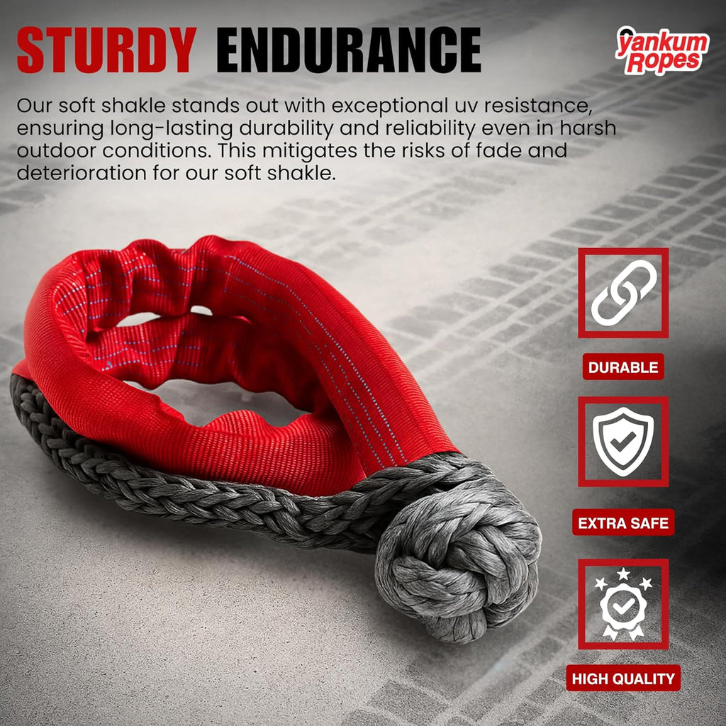 Yankum 7/16" Soft Shackle with Red Chafe Sleeve - Synthetic Recovery, Heavy Duty Tow Shackle, Soft Shackles for Towing, Off-Road Recovery Gear, Made in USA