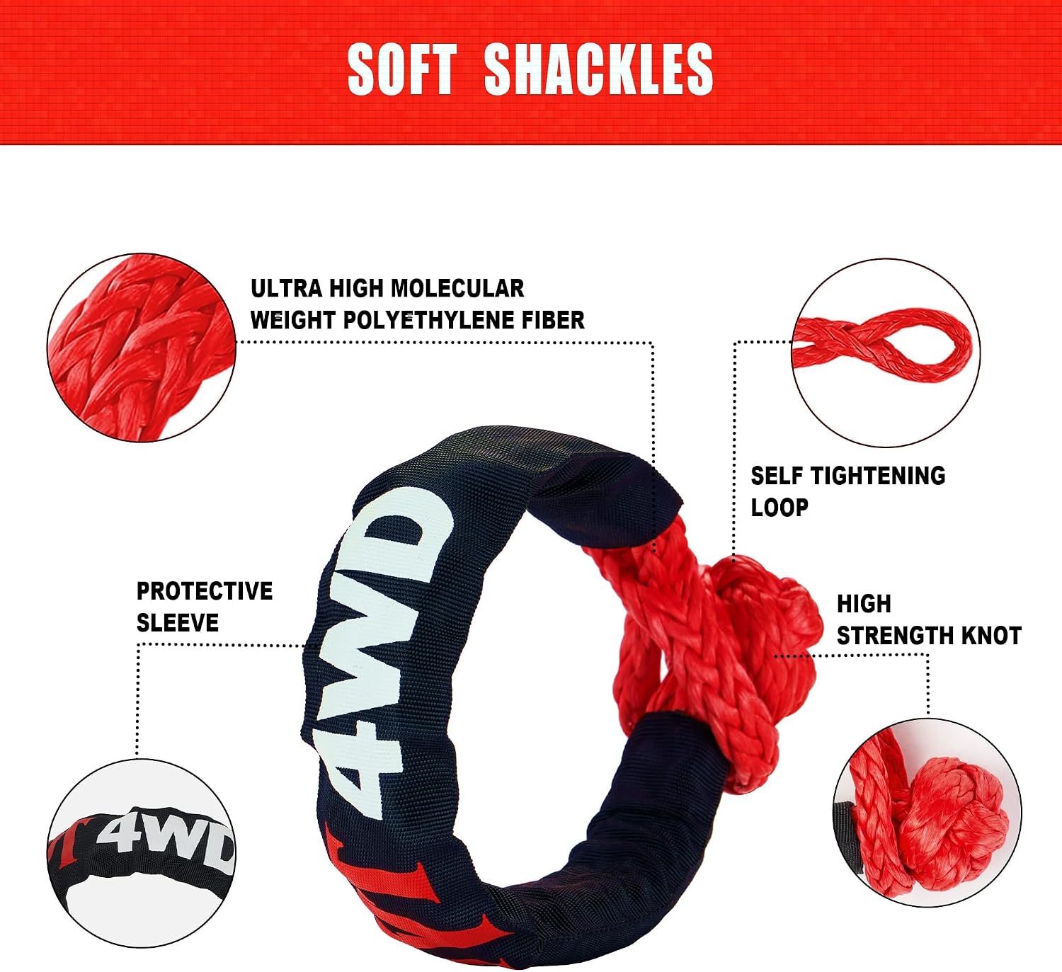 TYT Kinetic Recovery Rope,(1.26 in x 30ft Red) 56,000lbs Snatch Strap, Heavy Duty Stretch Nylon Towing Ropes with 2pcs Soft Shackles for Offroad Vehicle, Jeep, SUV, ATV, UTV, Tractor Elastic Ropes Kit