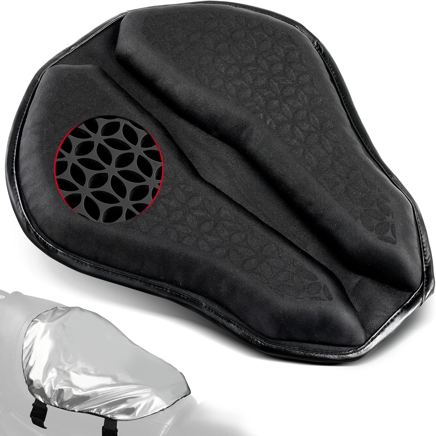 Amazicha Motorcycle Seat Cushion with Sunshade Cover, Motorcycle Gel Seat Pad Large 3D-Honeycomb Structure TPE Shock Absorption and Breathable for Long Rides