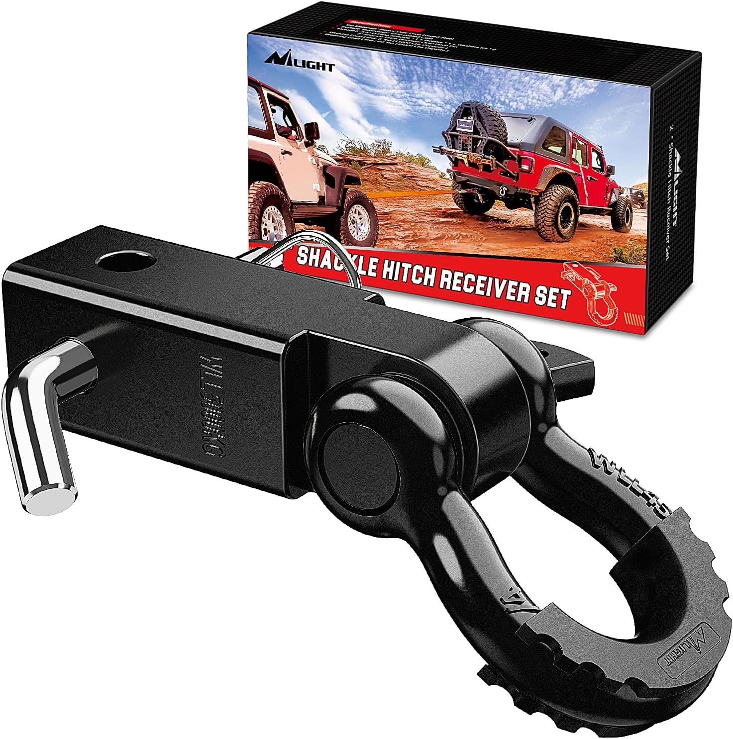 Nilight Shackle Hitch Receiver 2Inch 45000 LBs Breaking Strength 3/4" D Ring w/Trailer Pin Heavy Duty Solid Recovery Towing Kit for Trucks Jeeps Off-Road