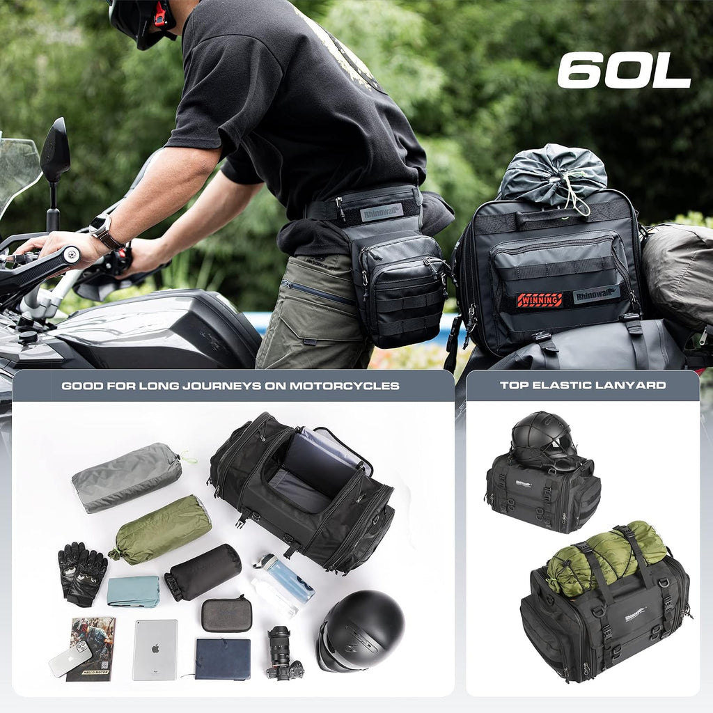 Rhinowalk Motorcycle Tail Bag, Expandable Motorcycle Travel Luggage Bags 60L, Waterproof All-Weather Trunk Rack Bag with Sissy Bar Straps & Helmet Rain Cover-Black