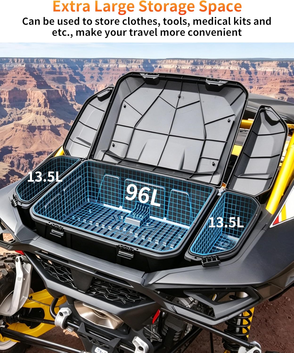 96L Rear Cargo Box & 13.5L Side Storage Boxes for Can Am Maverick R MAX X RS 2024+ Accessories, Water Resistant Cargo Storage Bin Tool Box(3PCS, Direct Replace OEM #715007182/715007372)