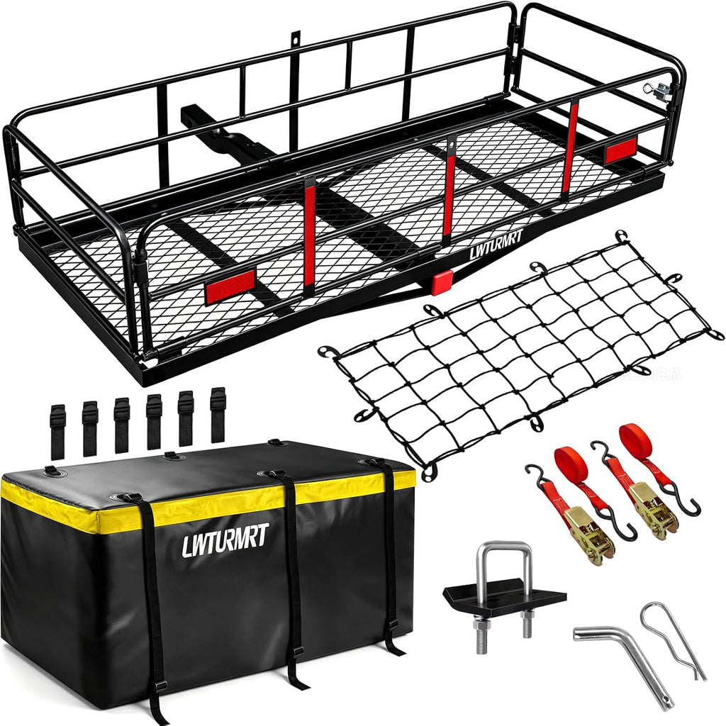 LWTURMRT Trail Hitch Mount Cargo Carrier Basket 58" x 24" x 14" Folding Vehicle Cargo Baskets Fits 2" Receiver with 2" Hitch Stabilizer for SUV can Holder 500LBS (14" high Black+Bag)