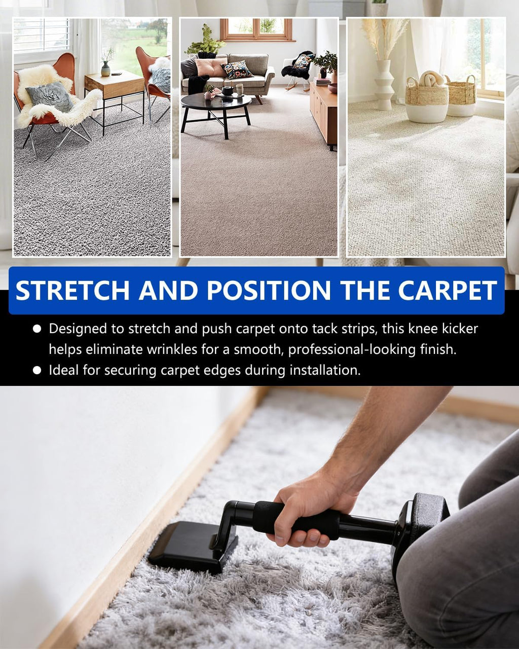 Carpet Knee Kicker Tool Kit with Carpet Tucker, Stretcher Tools for Carpet Stretching and Tucking with Anti-slip Gloves for Carpet Installation Work