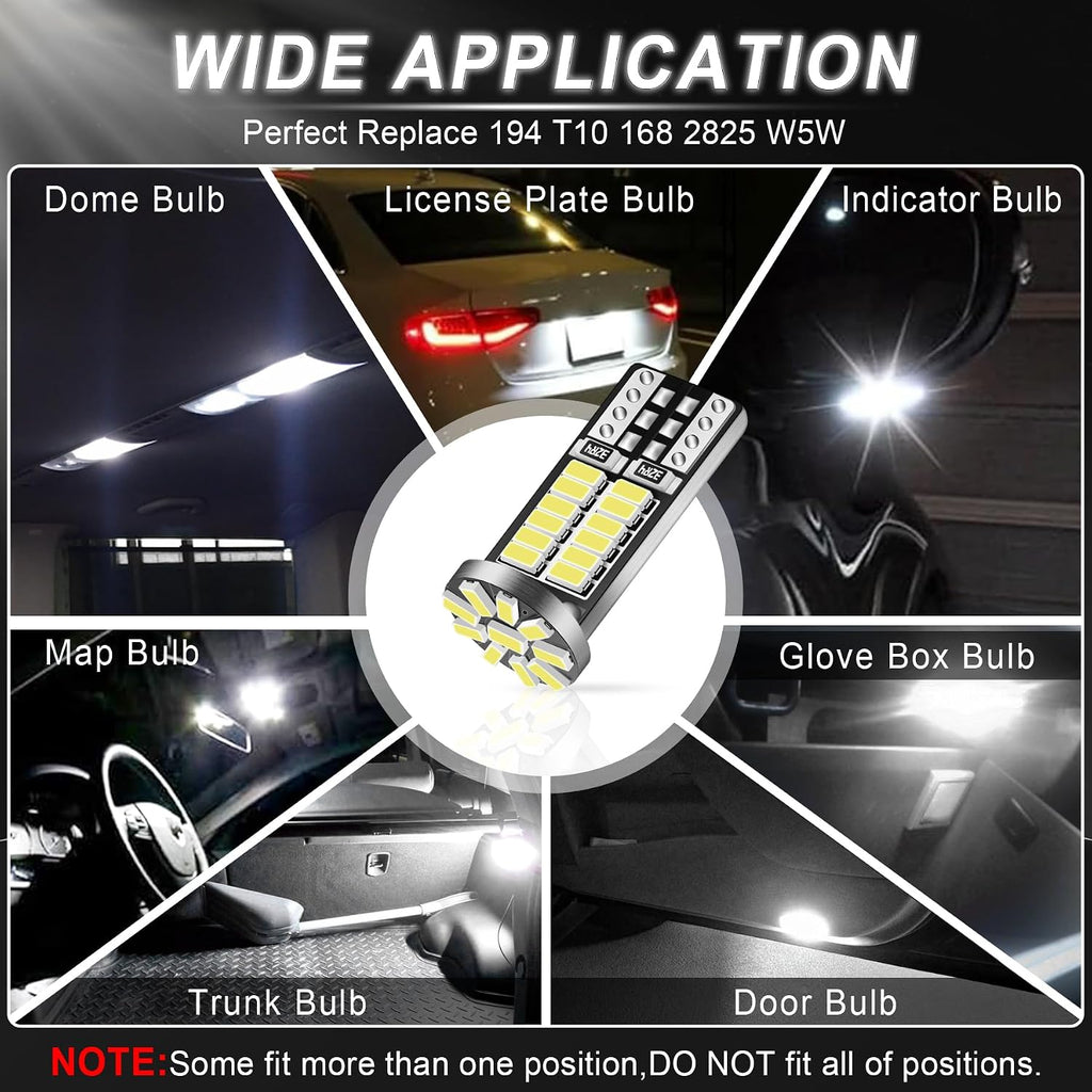 iFunyLED 10 Pieces 194 LED Bulb Super Bright 6500K T10 168 2825 W5W 34-SMD 3014 Chipsets Replacement Bulbs for Car Trunk Interior Dome Map Door Dash Courtesy License Plate Back Up Lights - Xenon White