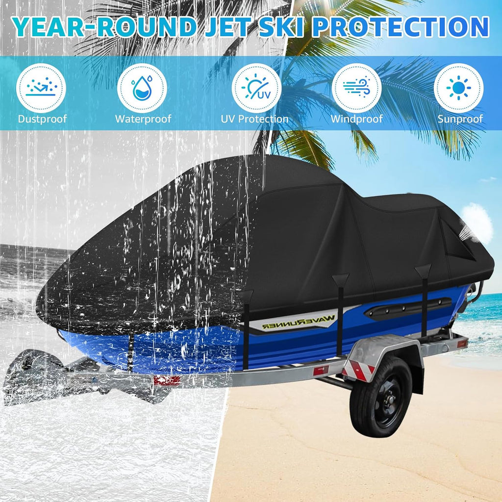 Jet Ski Cover,420D Waterproof Jetski Covers with 2 Vents & 4 Windproof Buckles UV Protection Universal Waverunner Cover Fits Yamaha Seadoo from 116" to 125"(Black)