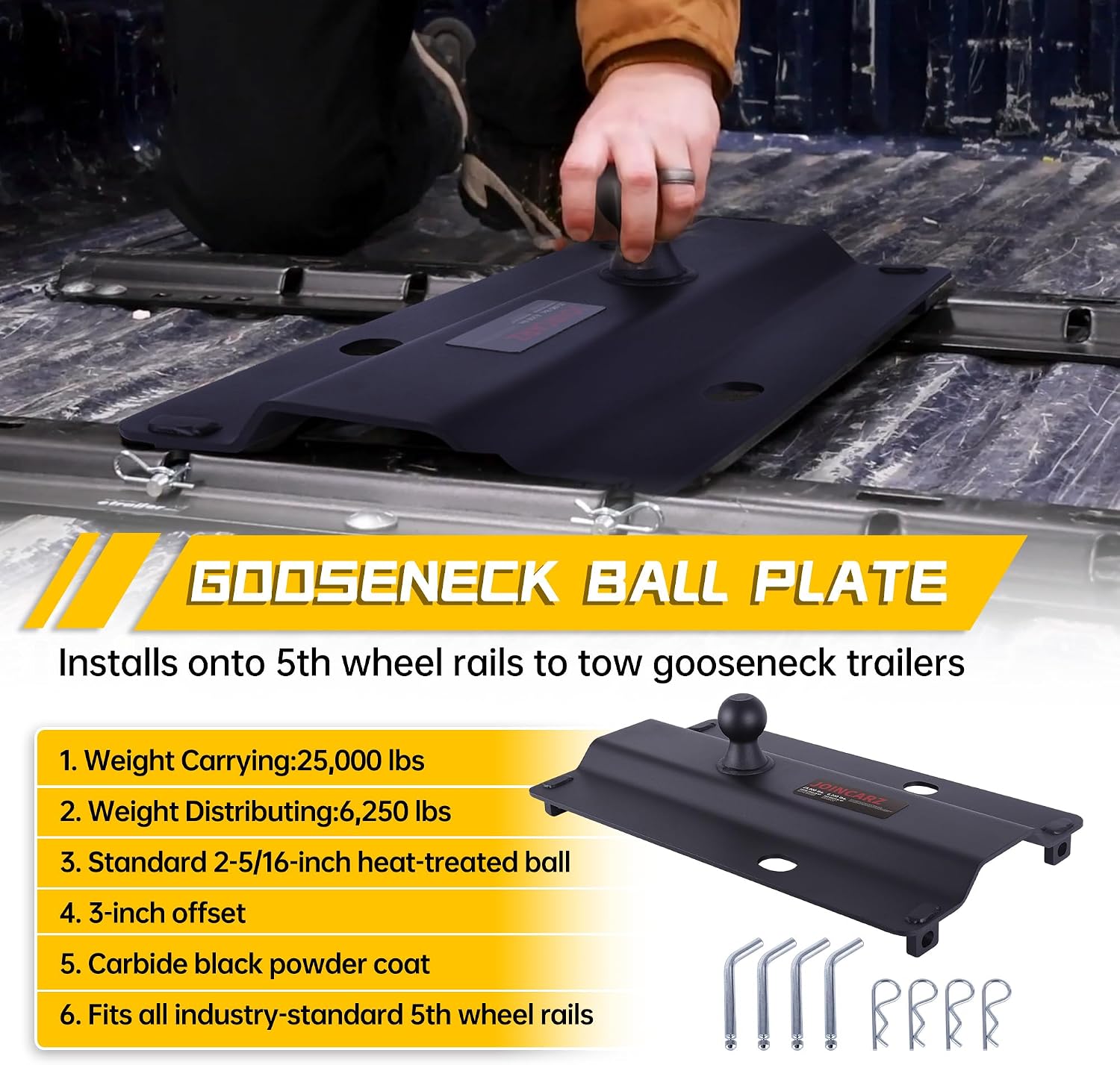 25000 lbs Gooseneck Ball Plate Fit for 5th Wheel Rails, Gooseneck Adapter Hitch for Pickup Truck Bed Trailer Towing, 2-5/16-Inch Ball, Fits Industry-Standard Rails,Carbide Black Powder Coat