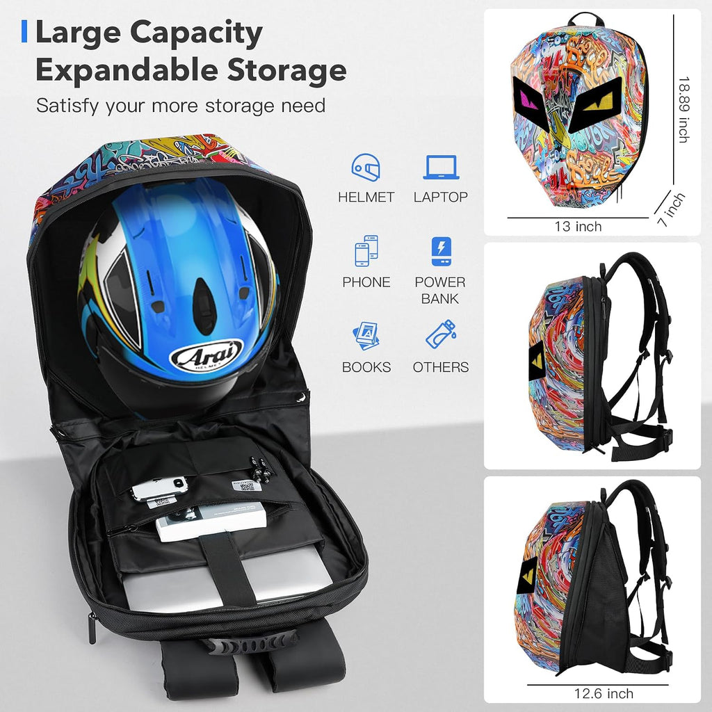 Motorcycle Backpacks for Men, LED Motorcycle Backpack With Full Color Screen, Large Capacity Laptop Backpack, Hard Shell Waterproof Helmet Bag (Graffiti)