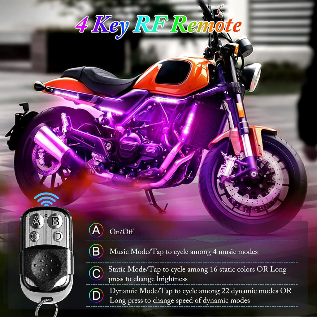 8PCS Motorcycle LED Underglow Kit, 4 Key Remote Control App Control with Two Extension Cords, Music Sync Waterproof RGB LED Motorcycle Light Kit for UTV ATV Golf Cart