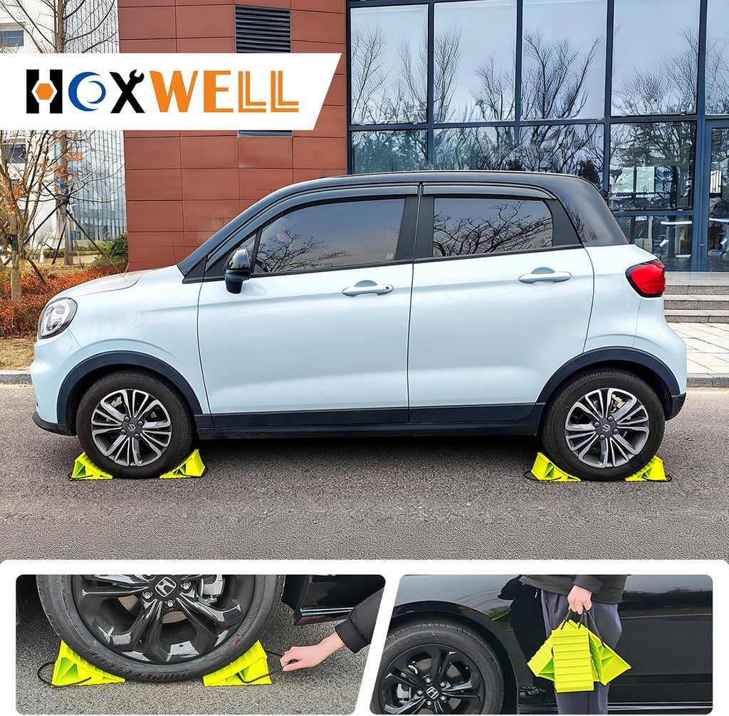 HOXWELL 2 Pair Wheel Chocks for Travel Trailers, Non Slip Heavy Duty Green Wheel Chock with Rope, Lightweight Wheel Stoppers for Cars Campers Trucks RVs, Easy to Carry & Suitable for Most Tyre Sizes
