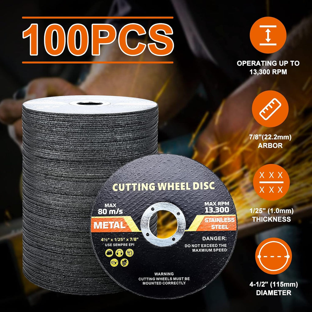 4-1/2 inch cutting wheel, 4-1/2" x 7/8" metal shown in use