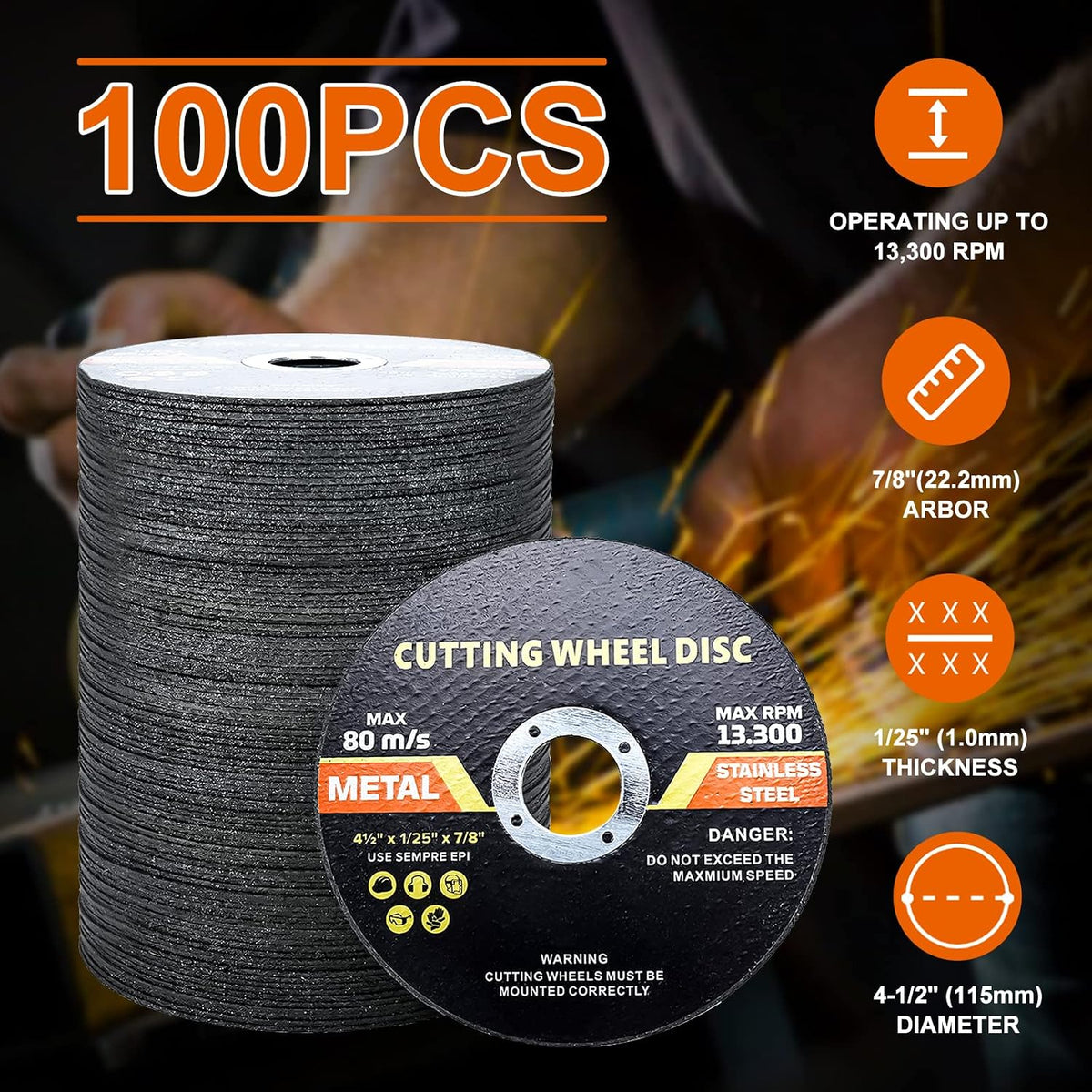 4-1/2 inch cutting wheel, 4-1/2" x 7/8" metal shown in use