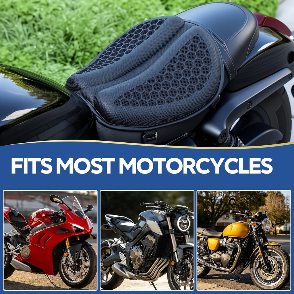 Motorcycle Gel Seat Cushion Large 3DHoneycomb Structure Shock Absorption Foldable & Breathable Motorcycle Gel Seat Pad for Long Rides