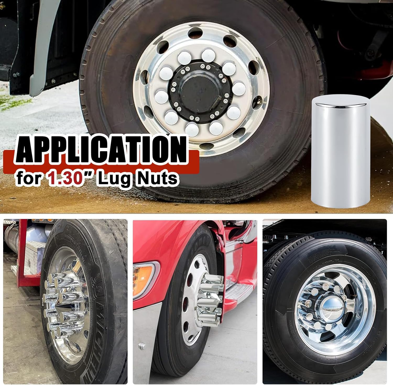 33mm x 3 1/2" Lug Nut Cover ABS Chrome Plastic Cylinder Nut Cover, Push-On fit Hub Piloted Wheels, Complete Axle Cover Kits, Lug Nut Covers for Semi Trucks Trailers, 20 Pack
