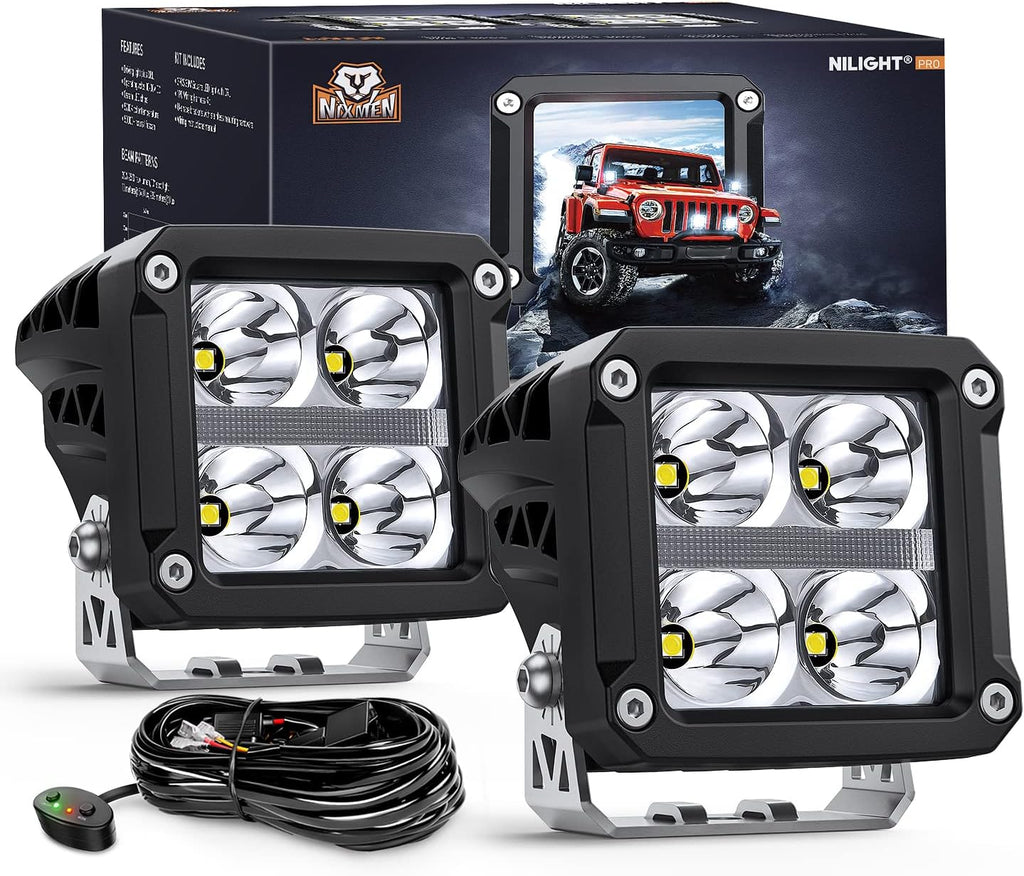 Nilight 3.2 Inch Square LED Pod Lights with DRL 20W 2510LM 10 Degree Super Spot Beam 16AWG Wiring Harness Kit for Auxiliary Offroad Driving Ditch Lamps for Truck UTV ATV SUV 4x4