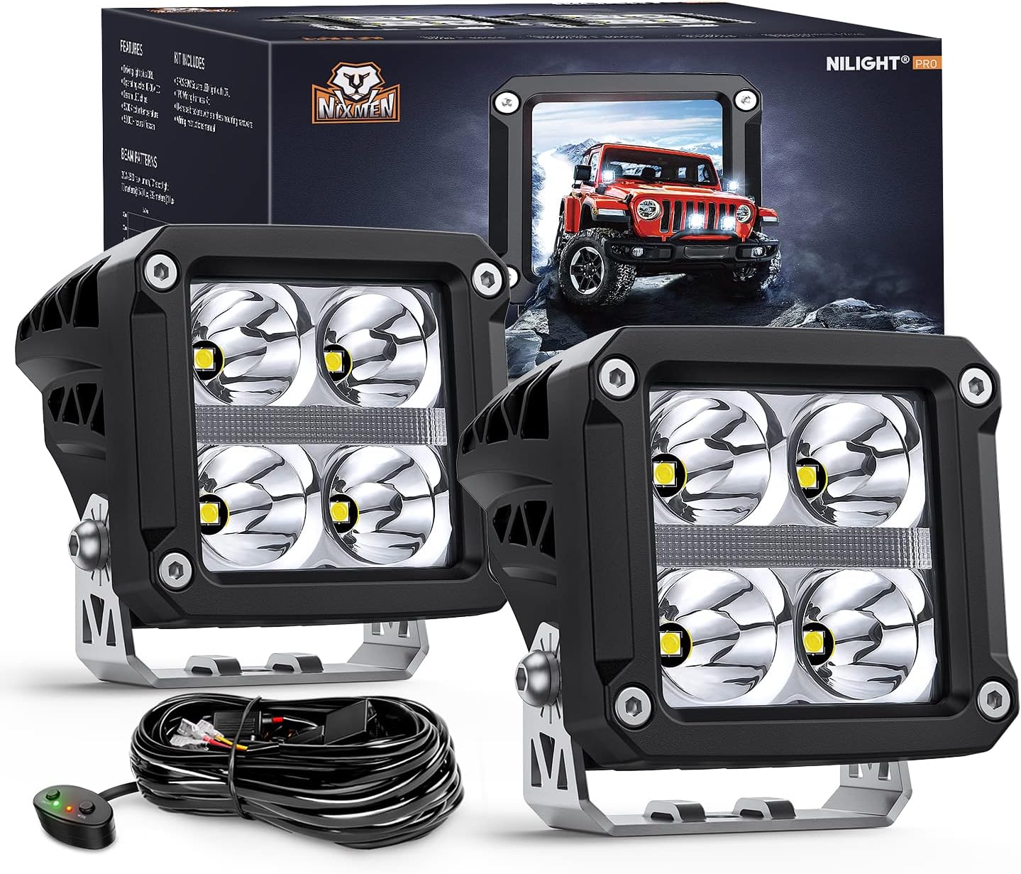 Nilight 3.2 Inch Square LED Pod Lights with DRL 20W 2510LM 10 Degree Super Spot Beam 16AWG Wiring Harness Kit for Auxiliary Offroad Driving Ditch Lamps for Truck UTV ATV SUV 4x4