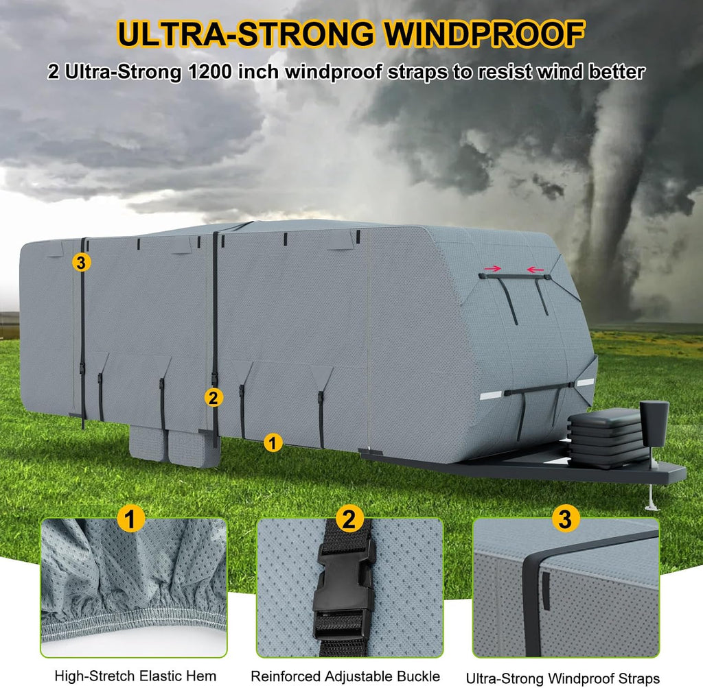 RV Cover 22-24ft, Travel Trailer Heavy Duty Extra-Thick 8 Layers Anti-UV Waterproof Windproof Camper Cover with Tongue Jack Cover, Extra Windproof Ropes, Gutter Covers