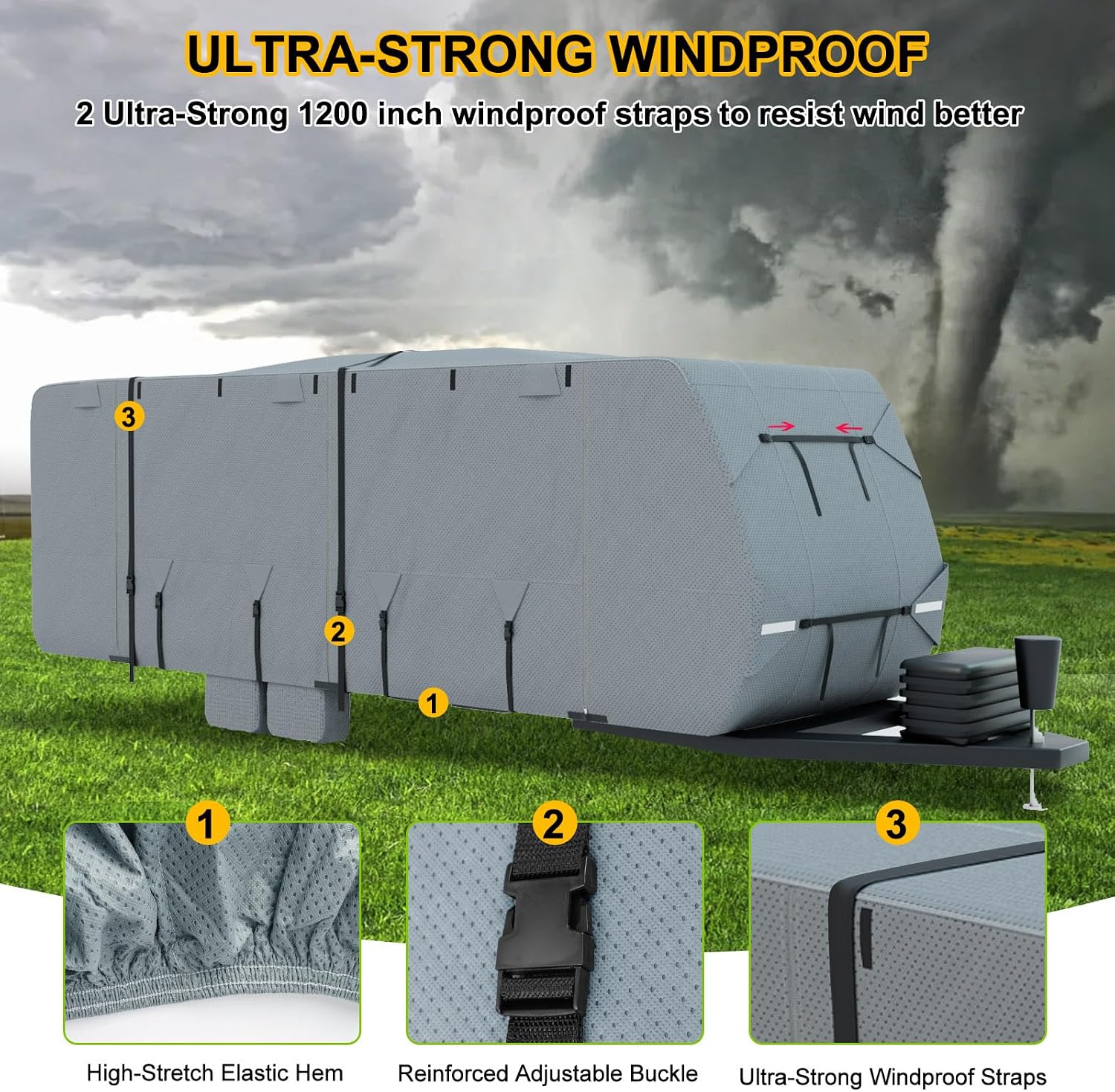 RV Cover 22-24ft, Travel Trailer Heavy Duty Extra-Thick 8 Layers Anti-UV Waterproof Windproof Camper Cover with Tongue Jack Cover, Extra Windproof Ropes, Gutter Covers