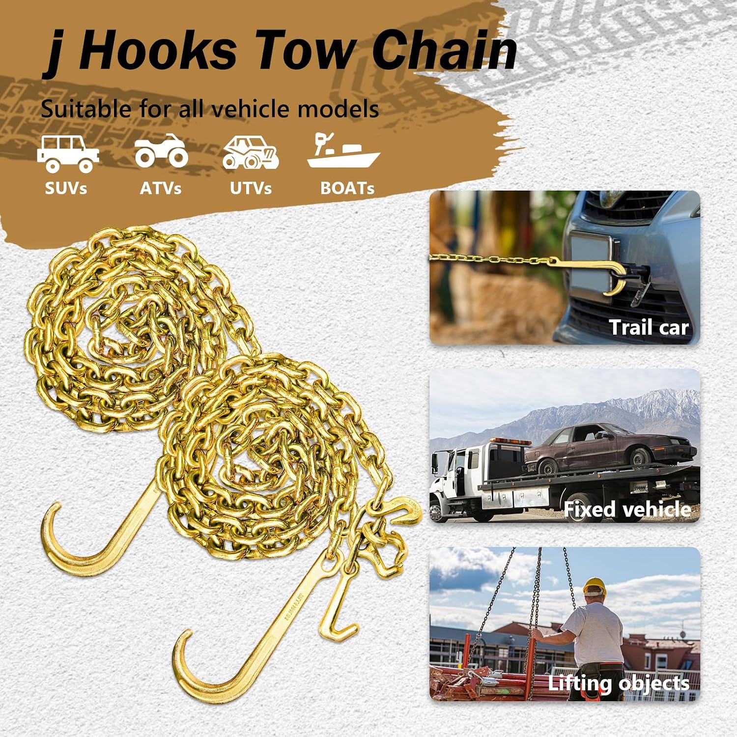 2PCs G80 j Hooks Tow Chain, 5/16" x10' Recovery Tow Hooks Chain 15IN J Hook w/RTJ & Grab Hook, 18800LBS Wrecker Towing Truck Equipment Accessories J Hooks, Bridle Tow Transport Chain
