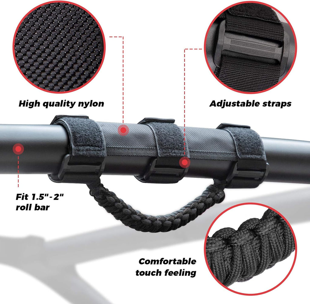 KEMIMOTO Roll Bar Grab Handles for UTV, ATV & SXS - Black Breathable Paracord Enhanced Hand Grips, 2Pack, Fits 1.5" to 2" Roll Bars, Compatible with Polaris RZR, Can-Am X3, Talon, Kawasaki Teryx