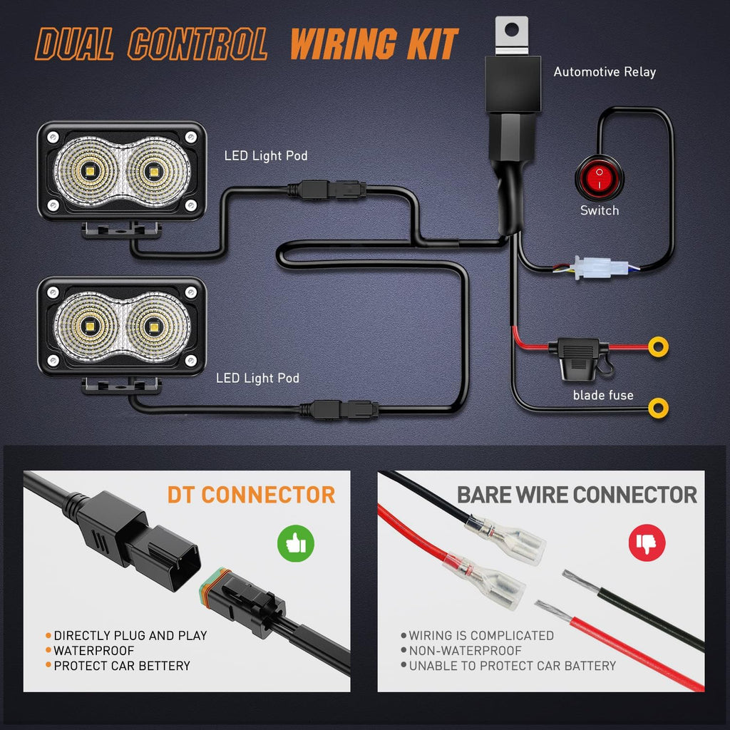 Nilight Motorcycle LED Pods 2 PCS 3 Inch Flood Offroad Fog Light 1160LM Driving Auxiliary Lights w/18AWG DT Wiring Harness Kit for ATV Truck Boat Tractor Forklift