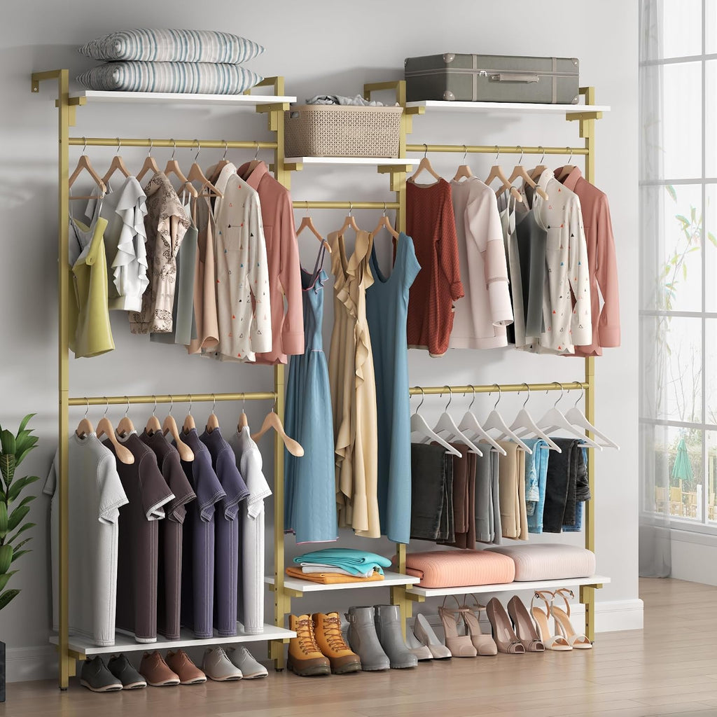 white/gold wall mount clothes rack with 5 hanging, main product view