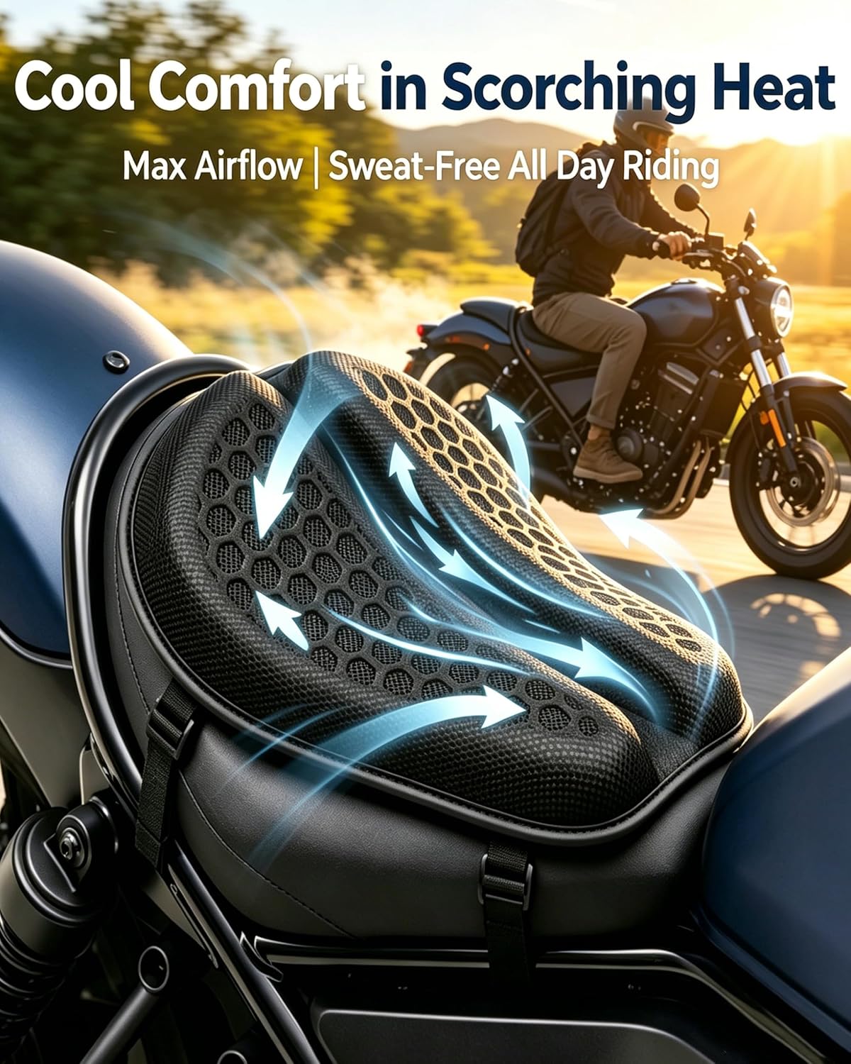 Motorcycle Seat Cushion, Hex Rider 3D Honeycomb Cushion | Tailbone Cutout Pressure Relief Cooling Seat Pad Protect Sensitive Areas Universal Shock Absorbing Non‑Slip for Long Distance