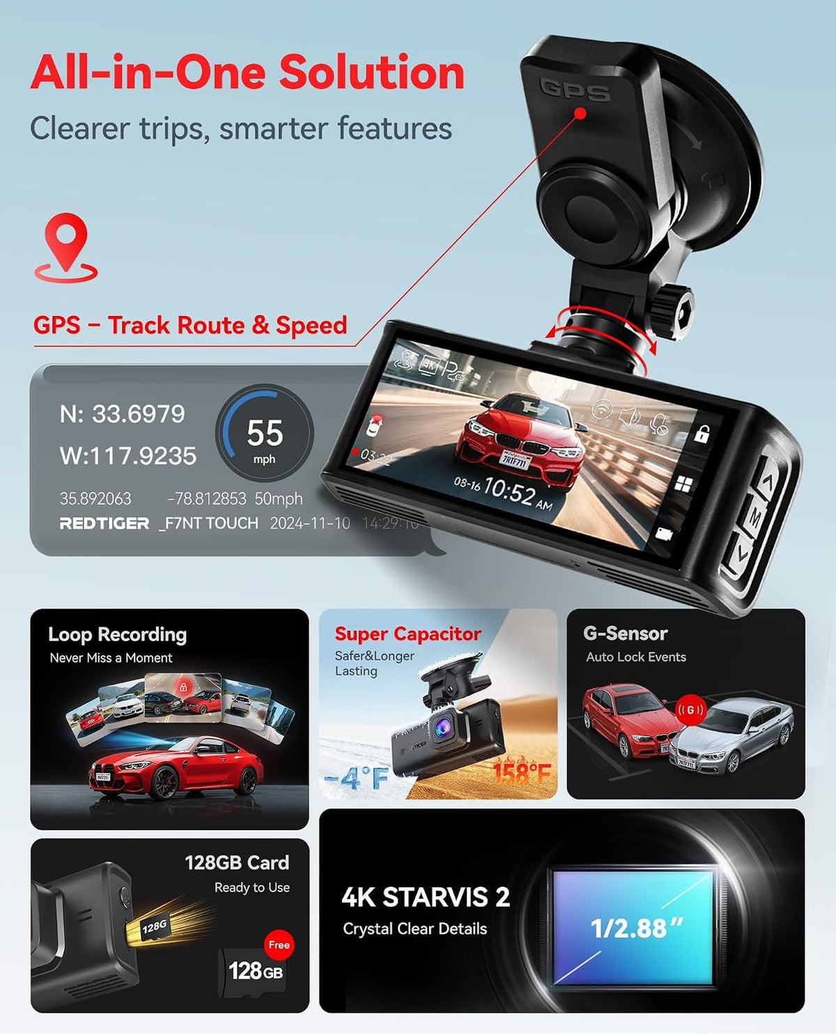 redtiger 4k starvis 2 dashcam front rear, 5ghz, close-up detail