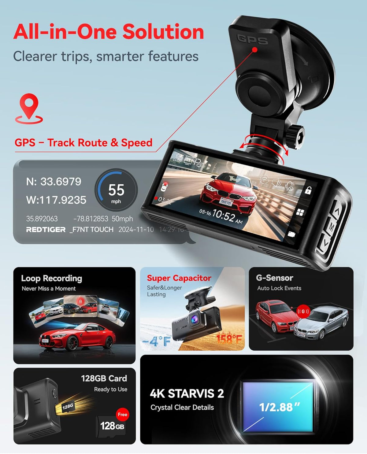 redtiger 4k starvis 2 dashcam front rear, 5ghz, close-up detail